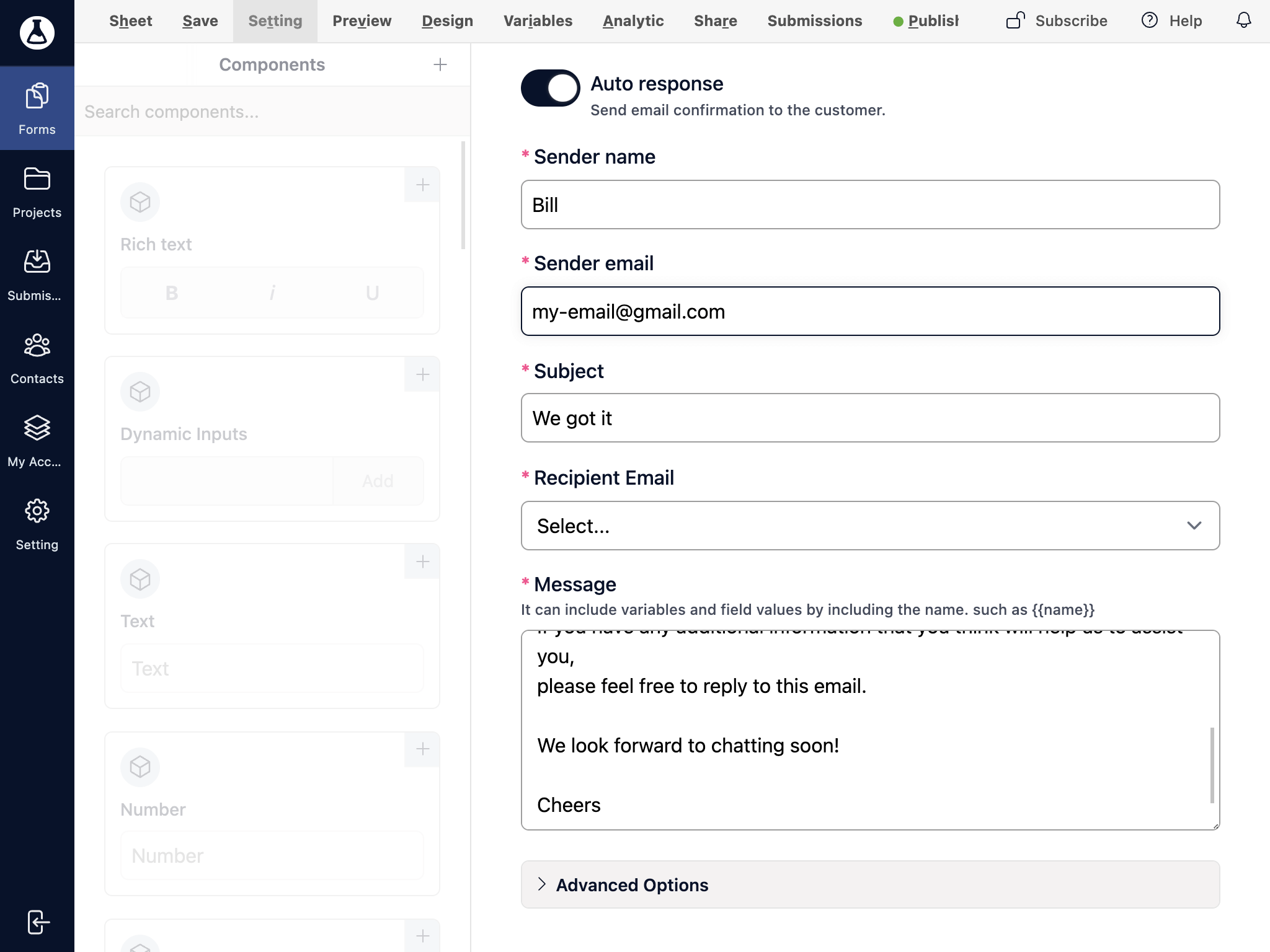 form auto-response setting