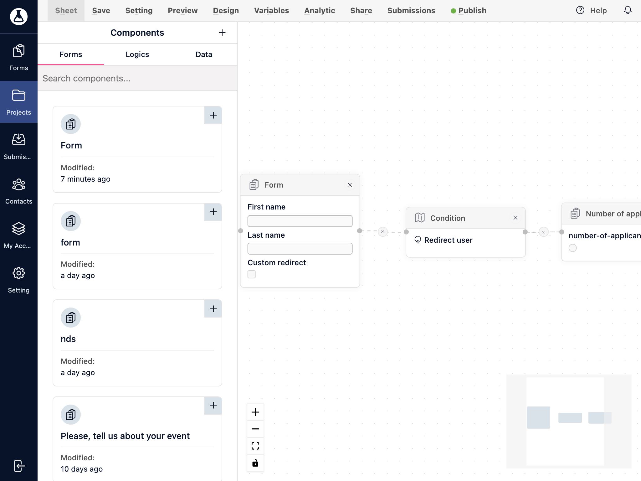 create project with form nodes and redirect node