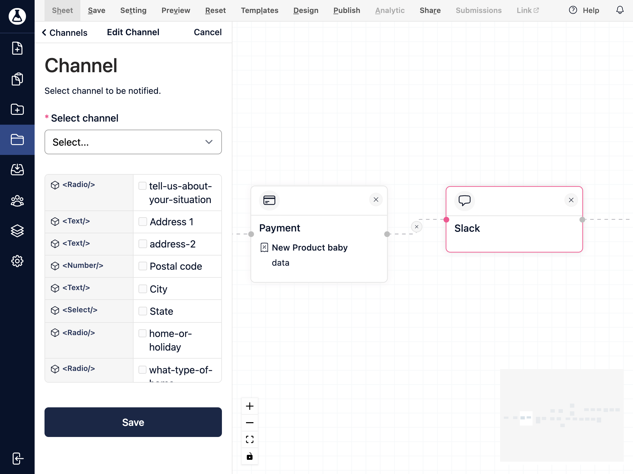 Slack integration with channel and select fields